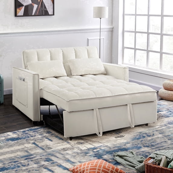 Muumblus 55.5" Convertible Futon Sofa Bed, Small Space Loveseat Sleeper with Pull Out Bed, Modern Velvet Sofa Couch for Living Room, Adjsutable Backrest, Beige