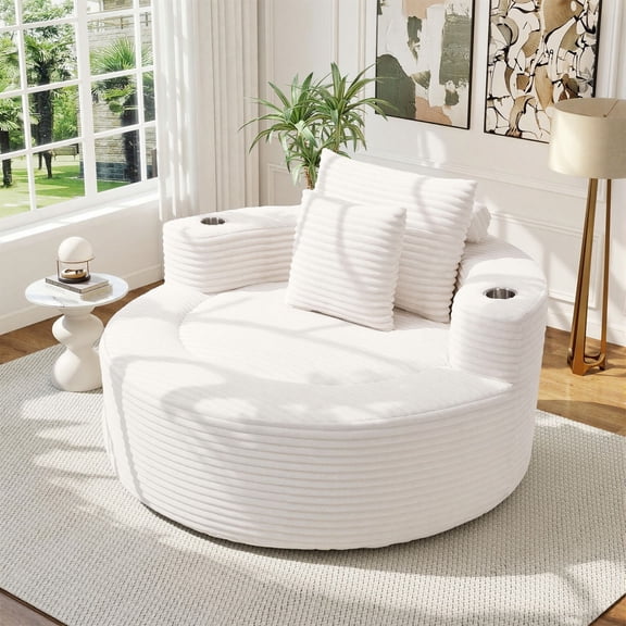 Muumblus 55" Indoor Round Chaise Lounge with Cup Holders, Oversized Boneless Accent Barrel Chair, Beige Corduroy