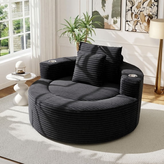 Muumblus 55" Indoor Round Chaise Lounge with Cup Holders, Oversized Boneless Accent Barrel Chair, Black Corduroy