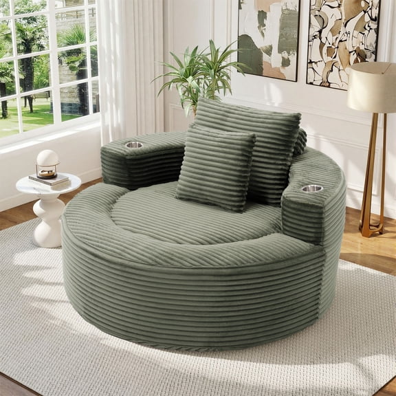 Muumblus 55" Indoor Round Chaise Lounge with Cup Holders, Oversized Boneless Accent Barrel Chair, Green Corduroy