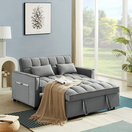 Muumblus 55" Pull Out Futon Sofa Bed, Convertible Sleeper Loveseat with Adjsutable Backrest, Modern Velvet Couch for apartment, Grey