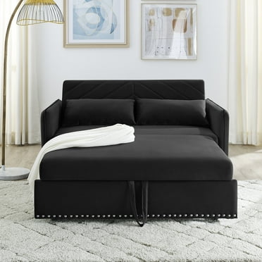 Muumblus 55" Pull Out Sofa Bed, Convertible Sleeper Loveseat with USB Ports, Modern Velvet Small Love Seat Futon Sofa for Living Room, Adjsutable Backrest, Black