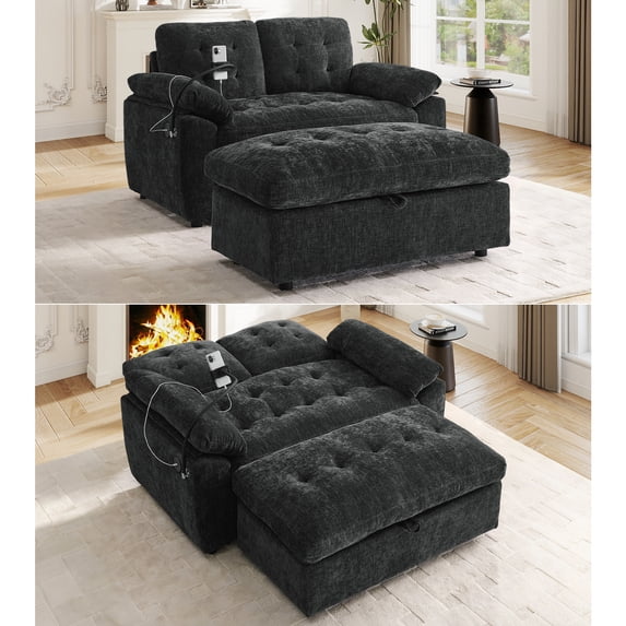Muumblus 56" Loveseat with Storage Ottoman, Adjustable Backrest, USB, Phone Stand, Comfy Leisure 2-Seater Sofa Bed for Living Room, Black Chenille