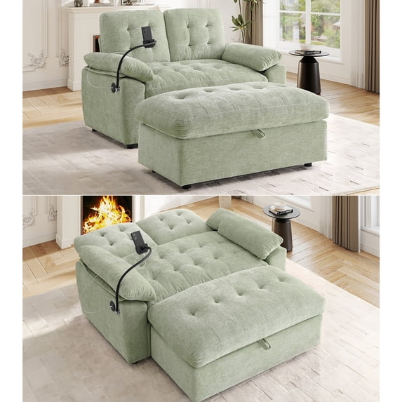 Muumblus 56" Loveseat with Storage Ottoman, Adjustable Backrest, USB, Phone Stand, Comfy Leisure 2-Seater Sofa Bed for Living Room, Green Chenille