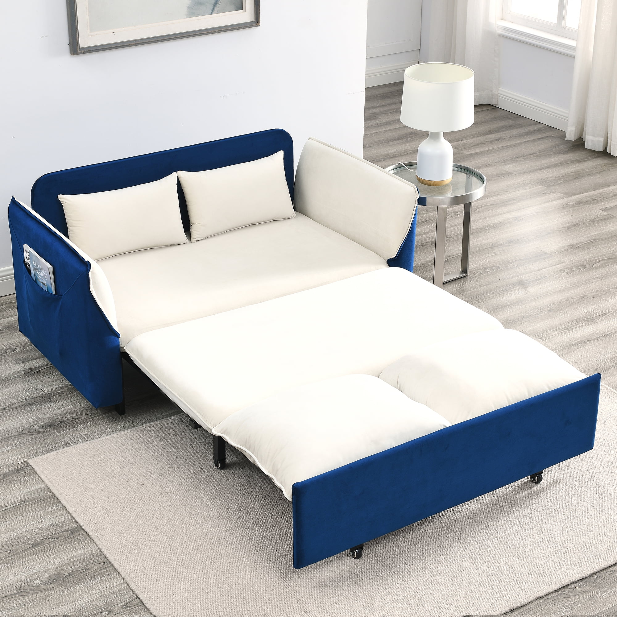 Muumblus 57" Pull Out Sofa Bed, Modern Convertible Sleeper Sofa with Pull Out Couch, Loveseat Sleeper for Living Room/Small Spaces, Blue