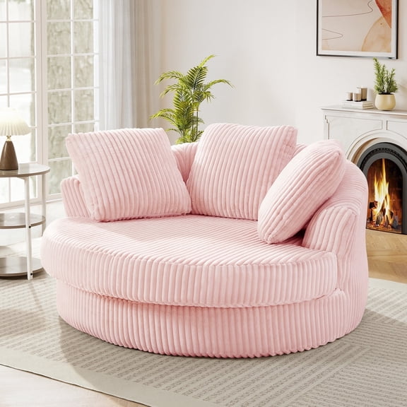 Muumblus 61" Oversized Round Boneless Lounge Chaise Chair Indoor, Corduroy Deep Seat Cloud Couch Sleeper Sofa Bed with 3 Pillows, No Assembly Barrel Chair for Living Room, Pink