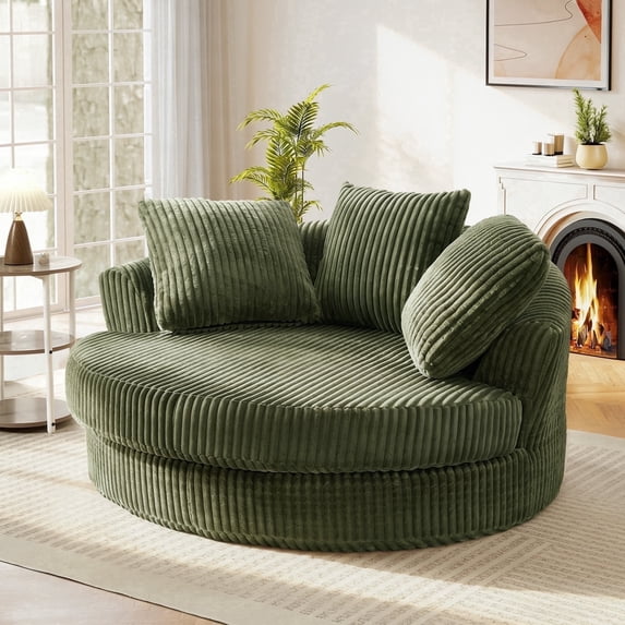 Muumblus 61" Oversized Round Boneless Lounge Chaise Chair Indoor, Corduroy Deep Seat Cloud Couch Sleeper Sofa Bed with 3 Pillows, No Assembly Barrel Chair for Living Room, Green