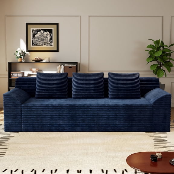 Muumblus 71" Boneless Sofa with Curved Arms, Living Room Upholstered Deep Seat Couch with Pocket, Blue Corduroy