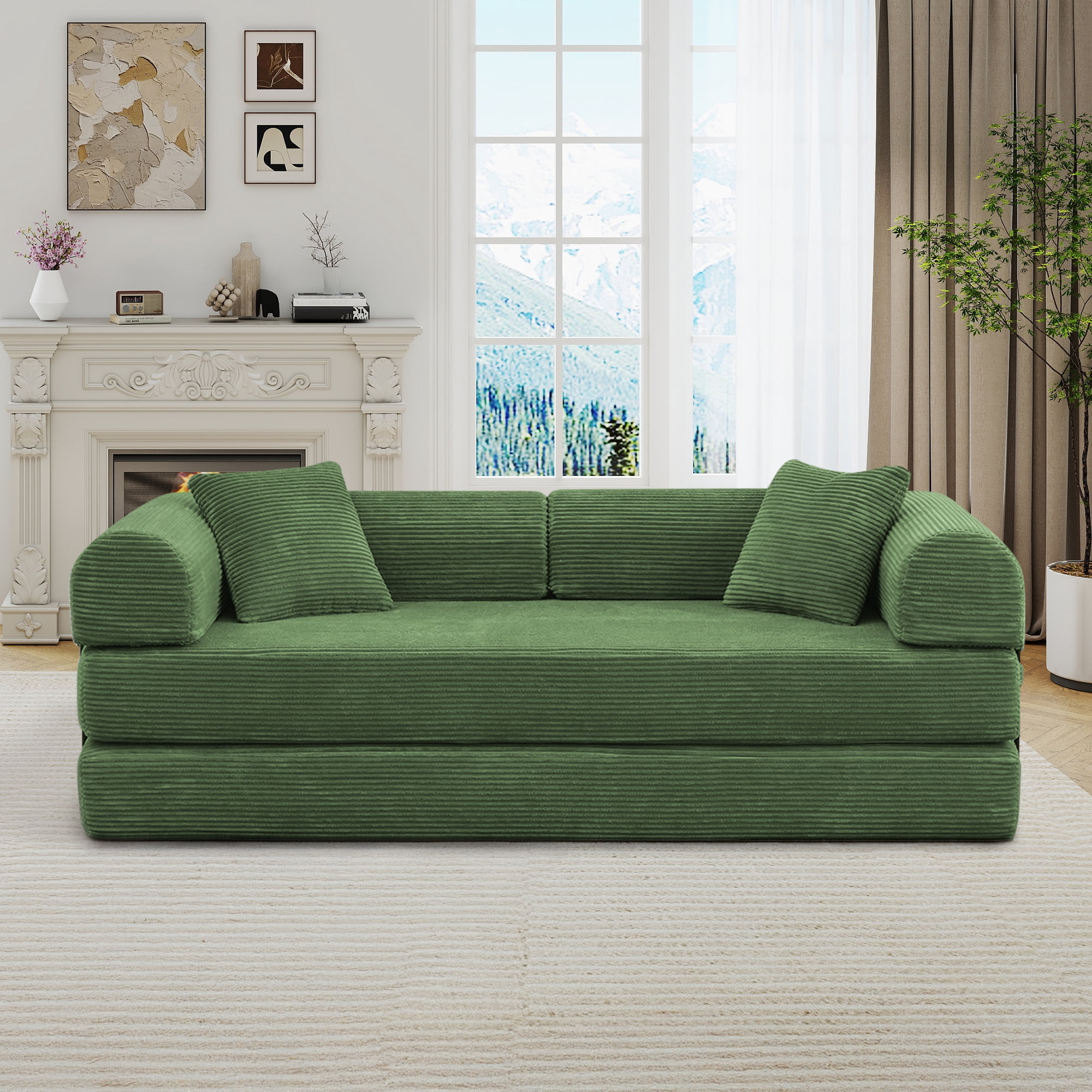 Muumblus 78" Corduroy Loveseat Cloud Sofa , Queen Size Convertible Slpper Couch Bed for Living Room, Dark Green