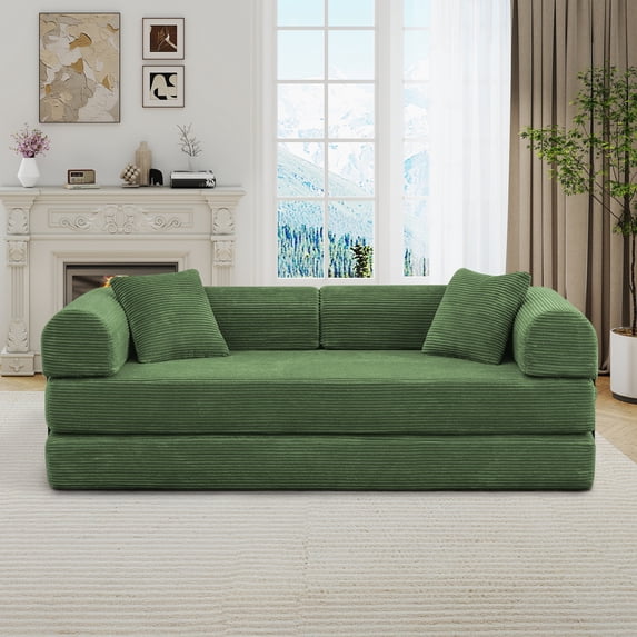 Muumblus 78" Corduroy Loveseat Cloud Sofa , Queen Size Convertible Slpper Couch Bed for Living Room, Dark Green