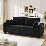 Muumblus 78L Corduroy Sofa with USB & Cup Holders & Pockets, Deep Seat Living Room Upholstered Sofa, Black