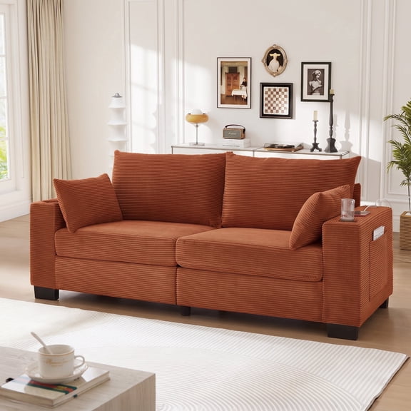 Muumblus 78"L Corduroy Sofa with USB & Cup Holders & Pockets, Deep Seat Living Room Upholstered Sofa, Orange