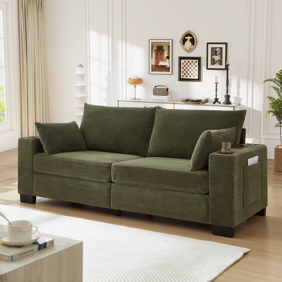 Muumblus 78"L Corduroy Sofa with USB & Cup Holders & Pockets, Deep Seat Living Room Upholstered Sofa, Green