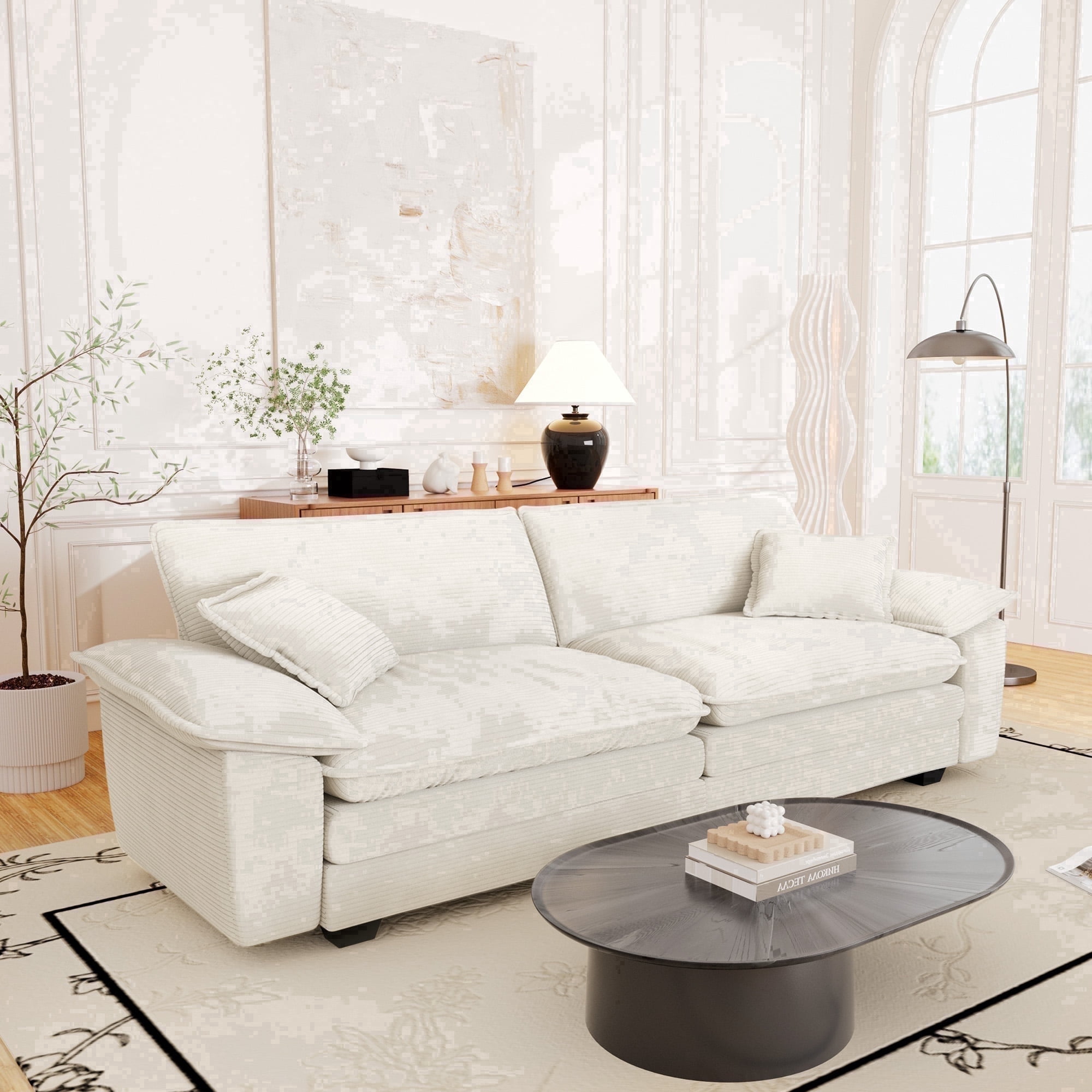 Muumblus 80.5" Corduroy Loveseat Sofa, Oversized Upholstered 2-Seater Plush Cloud Couch for Living Room/Apt, White