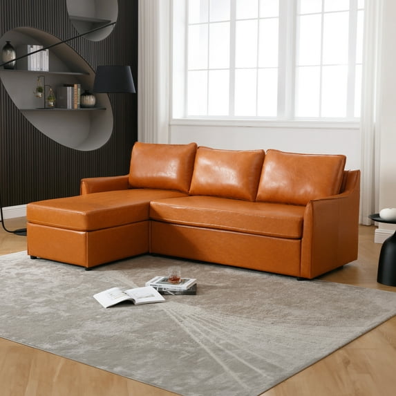 Muumblus 80.7" Modern Mid-Century Reversible L-Shaped Sectional Sofa for Living Room, Brown Faux Leather