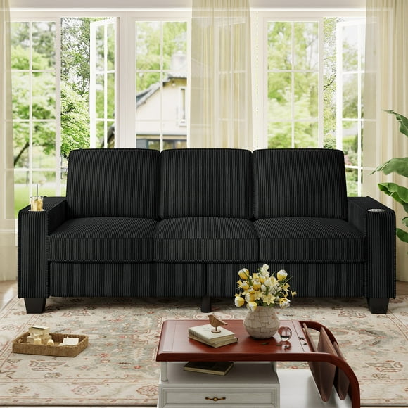 Muumblus 83.5" Living Room Sofa with Cup Holders, Cozy Plush Upholstered Couch, Corduroy Sofa 3-Seater, Black