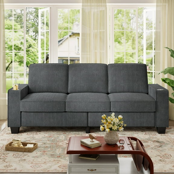 Muumblus 83.5" Living Room Sofa with Cup Holders, Cozy Plush Upholstered Couch, Corduroy Sofa 3-Seater, Gray