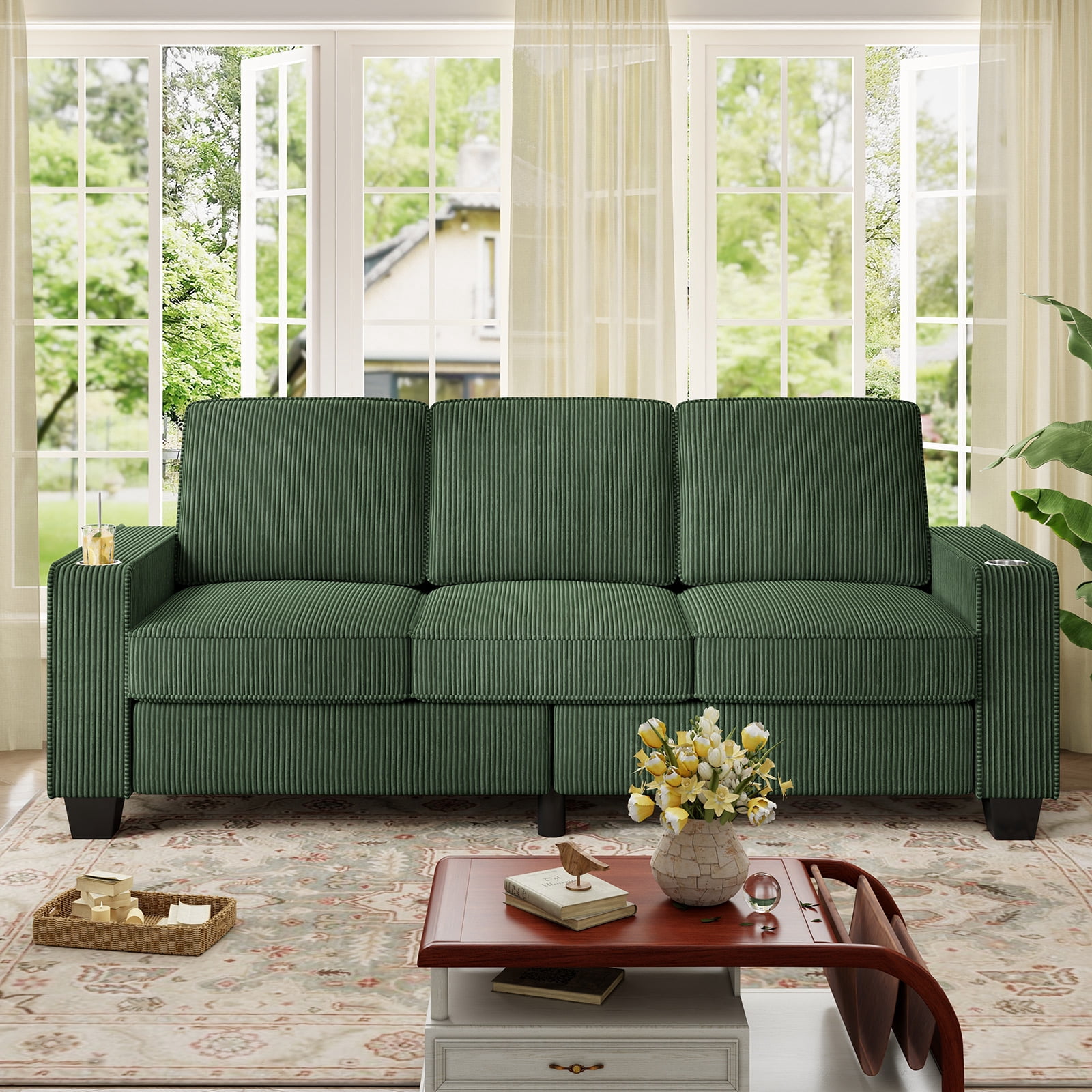 Muumblus 83.5" Living Room Sofa with Cup Holders, Cozy Plush Upholstered Couch, Corduroy Sofa 3-Seater, Green
