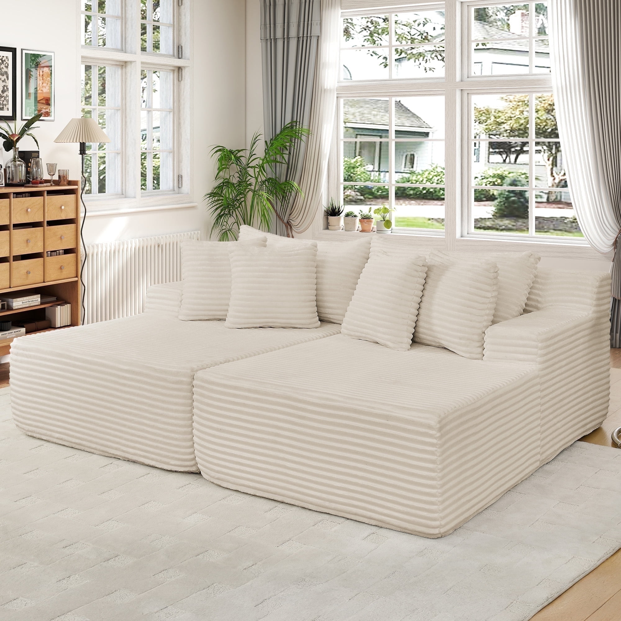 Muumblus 83" Oversized Double Chaise Lounge Chair Indoor, Modern Boneless Plush Corduroy Upholstered Modural Sectional Sleeper Cloud Couch for Living Room Apartment, Beige