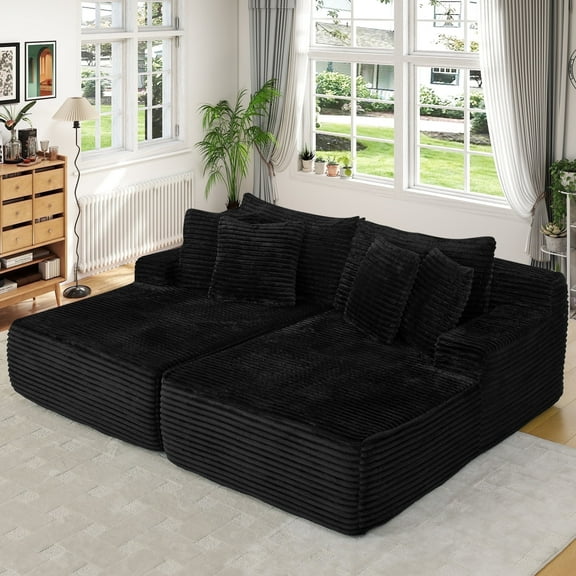 Muumblus 83" Oversized Double Chaise Lounge Chair Indoor, Modern Boneless Plush Corduroy Upholstered Modural Sectional Sleeper Cloud Couch for Living Room Apartment, Black