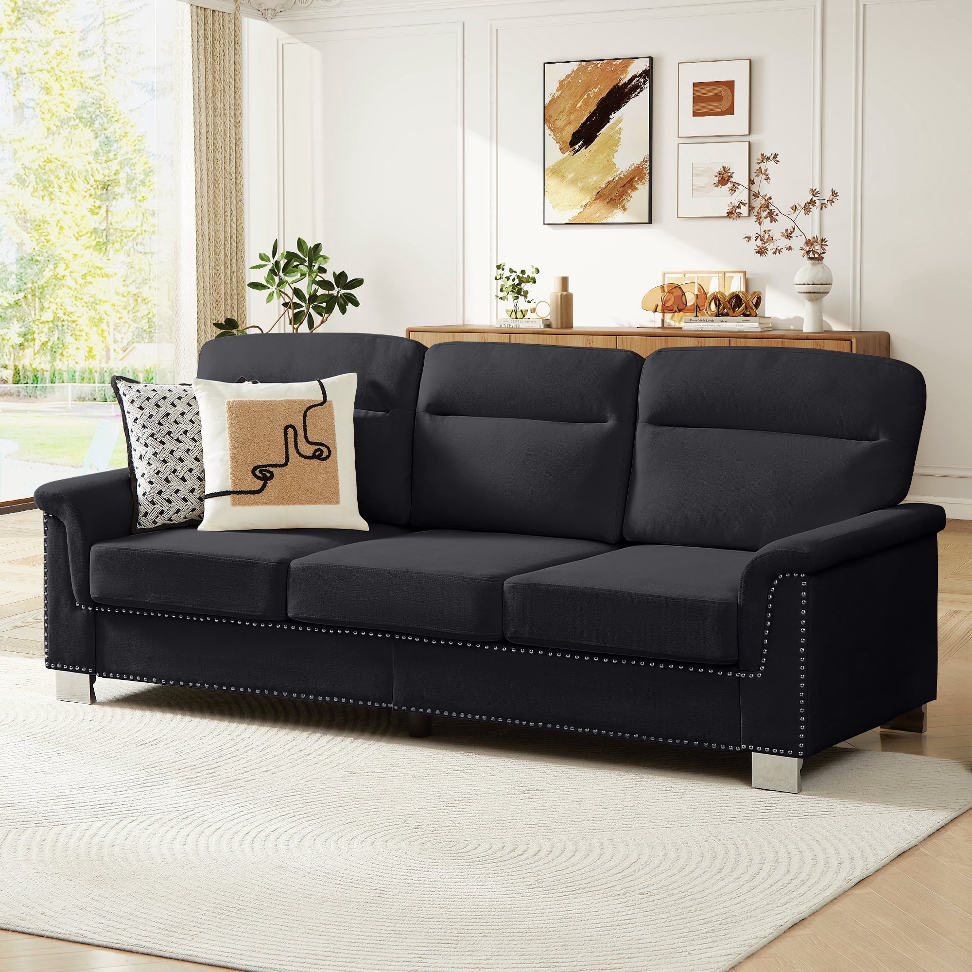 Homfa Modern 3 Seater Sofa, 77.6 Inches PU Leather with Gold Legs