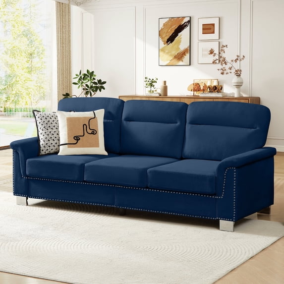 Muumblus 84" Velvet Sofa, Modern Deep Seat 3-Seater Couch with Nailhead Trim, Curved Arms and Metal Legs for Living Room, Blue
