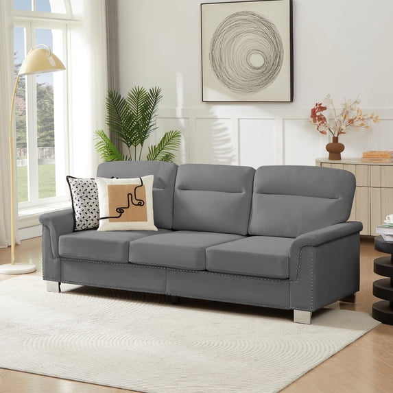 Muumblus 84" Velvet Sofa, Modern Deep Seat 3-Seater Couch with Nailhead Trim, Curved Arms and Metal Legs for Living Room, Gray
