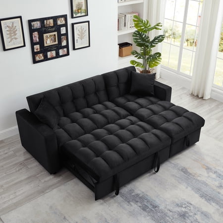 Muumblus 84" Convertible Sofa Bed, Queen Size Sleeper Sectional with Storage Chaise, Black Velvet, L-Shaped Couch for Living Room, Apartment