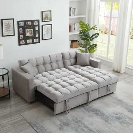 Muumblus 84" Convertible Sofa Bed, Queen Size Sleeper Sectional with Storage Chaise, Gray Velvet