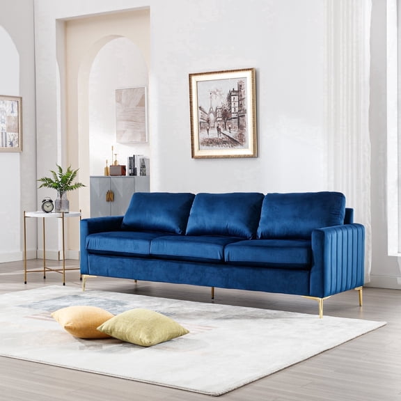Muumblus 85" Velvet Couch, 3 Seater Sofa, Mid Century Modern Tufted Couches for Living Room, Navy Blue