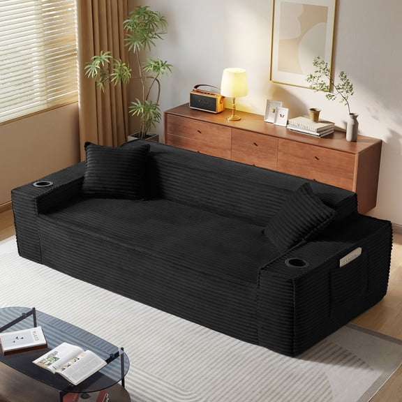 FFH 80.7" Corduroy Sofa, 3 Seater Boneless Cloud Couch for Small Living Rooms, Apartments and Offices, Black