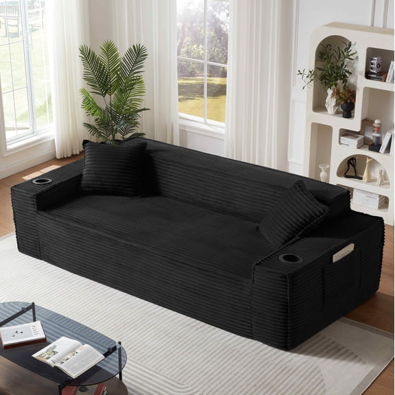 FFH 80.7" Corduroy Sofa, 3 Seater Boneless Cloud Couch for Small Living Rooms, Apartments and Offices, Black