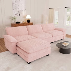 Muumblus Modular Sectional Cloud Couch with Ottoman, Oversized L-Shaped Corduroy Sofa for Living Room, Pink