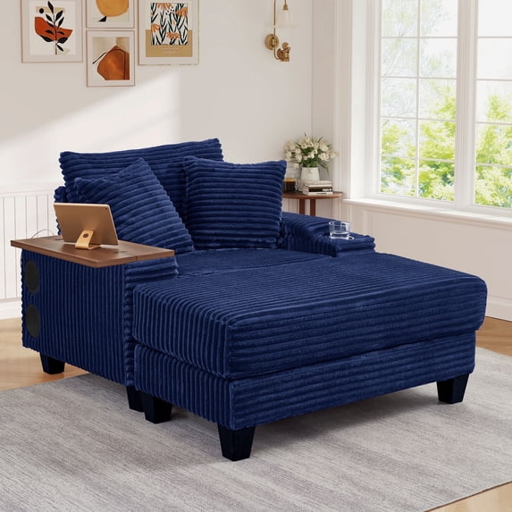 Muumblus Oversized Living Room Chair with Ottoman, Bluetooth Speaker, Rotating Table Board & USB, Cozy Indoor Lounge Reading Armchair, Blue Corduroy