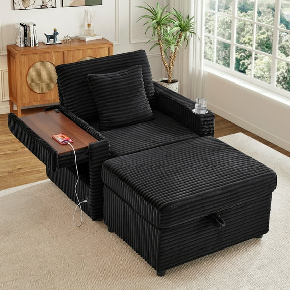 Muumblus Accent Chair with Storage Ottoman & Side Table, Cozy Lounge Chair with USB, Modern Single Sofa Armchair for Living Room, Black Corduroy