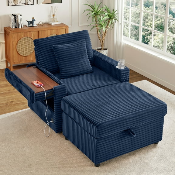 Muumblus Accent Chair with Storage Ottoman & Side Table, Cozy Lounge Chair with USB, Modern Single Sofa Armchair for Living Room, Blue Corduroy