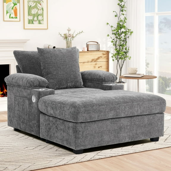 Muumblus Living Room Chair with Ottoman, USB & Storage Arms, Cozy Indoor Lounge Chair, Gray Chenille