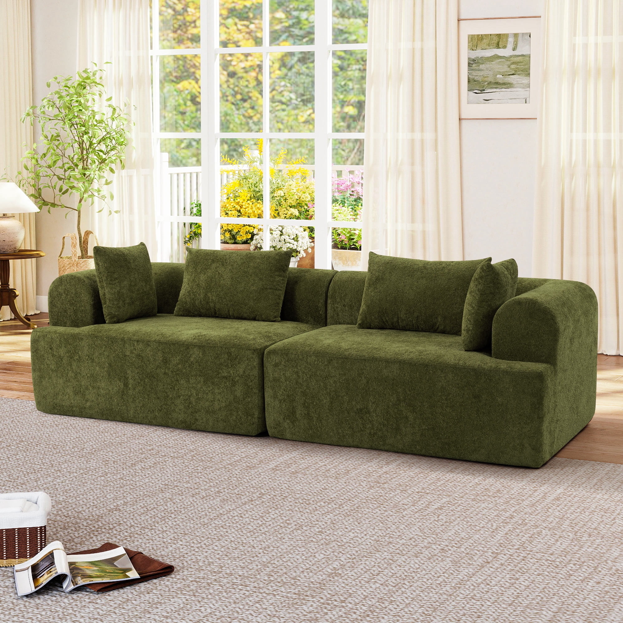 Muumblus Boneless Modular Sectional Sofa, 96" Oversized Deep Seat Loveseat Sofa, Cozy Cloud Living Room Couch, Green Teddy