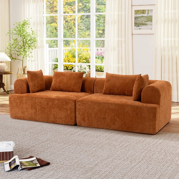 Muumblus Boneless Modular Sectional Sofa, 96" Oversized Deep Seat Loveseat Sofa, Cozy Cloud Living Room Couch, Orange Teddy