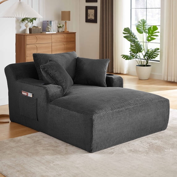 Muumblus Chaise Lounge Chair Indoor, Faux Fur Lounge Chair with Cup Holders, No Assembly Boneless Sleeper Sofa Bed for Living Room, Gray