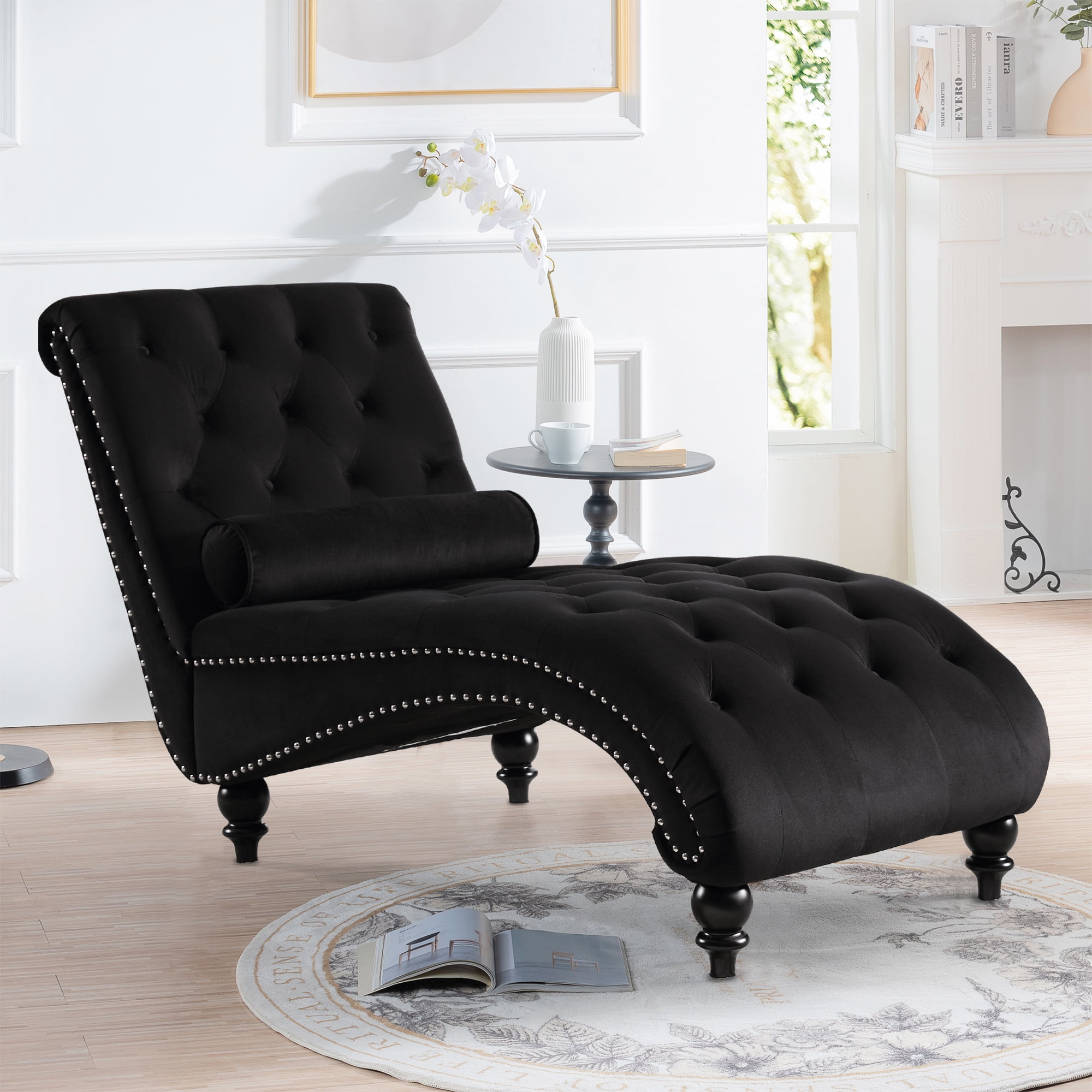 Muumblus Chaise Lounge Indoor, Tufted Velvet Accent Chair with Wood