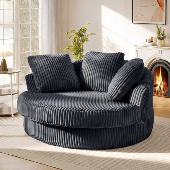 Muumblus 61" Oversized Round Boneless Lounge Chaise Chair Indoor, Corduroy Deep Seat Cloud Couch Sleeper Sofa Bed with 3 Pillows, No Assembly Barrel Chair for Living Room, Gray