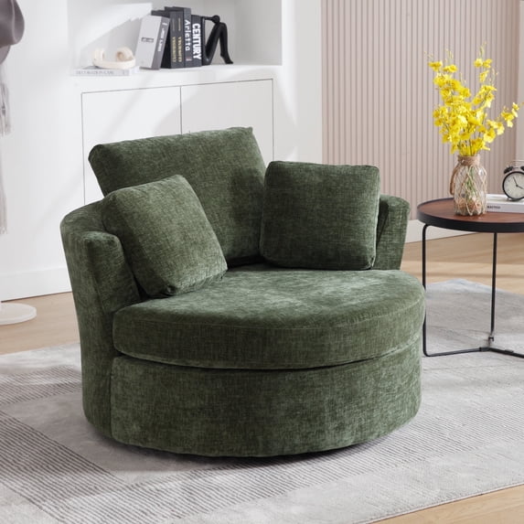 Muumblus Chenille Swivel Accent Chair Barrel Chair, Oversized Comfy Armchair with Pillows, Modern Leisure Sofa Chair for Living Room Bedroom, Green