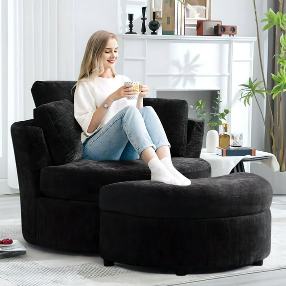 Muumblus Chenille Swivel Barrel Accent Chair with Storage Ottoman, Oversized Comfy Armchair for Living Room Bedroom, Black