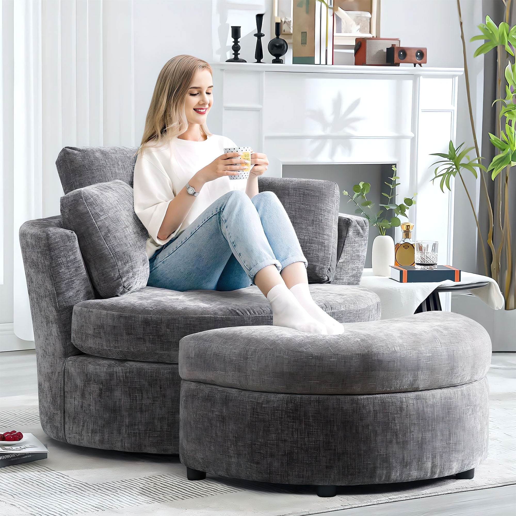 Muumblus Chenille Swivel Barrel Accent Chair with Storage Ottoman, Oversized Comfy Armchair for Living Room Bedroom, Gray