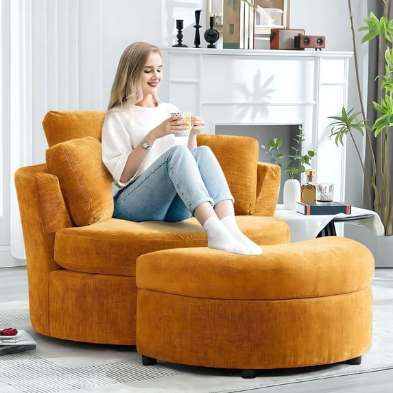 Muumblus Chenille Swivel Barrel Accent Chair with Storage Ottoman, Oversized Comfy Armchair for Living Room Bedroom, Yellow