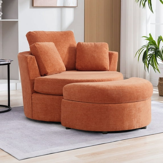 Muumblus Chenille Swivel Barrel Accent Chair with Storage Ottoman, Oversized Comfy Lounge Reading Armchair for Living Room Bedroom, Orange