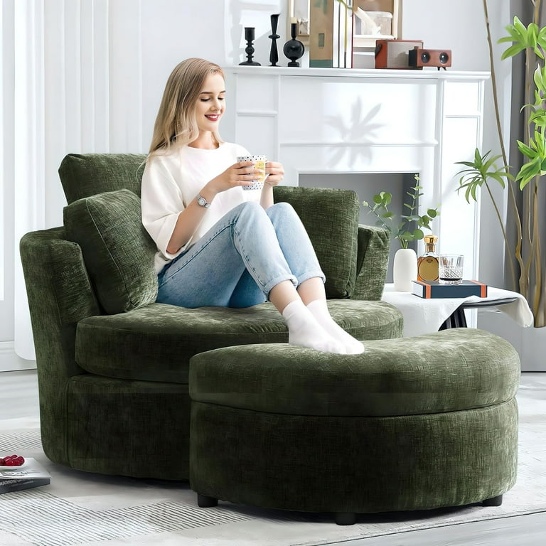 Muumblus Chenille Swivel Barrel Chair Ottoman, Comfy Armchair