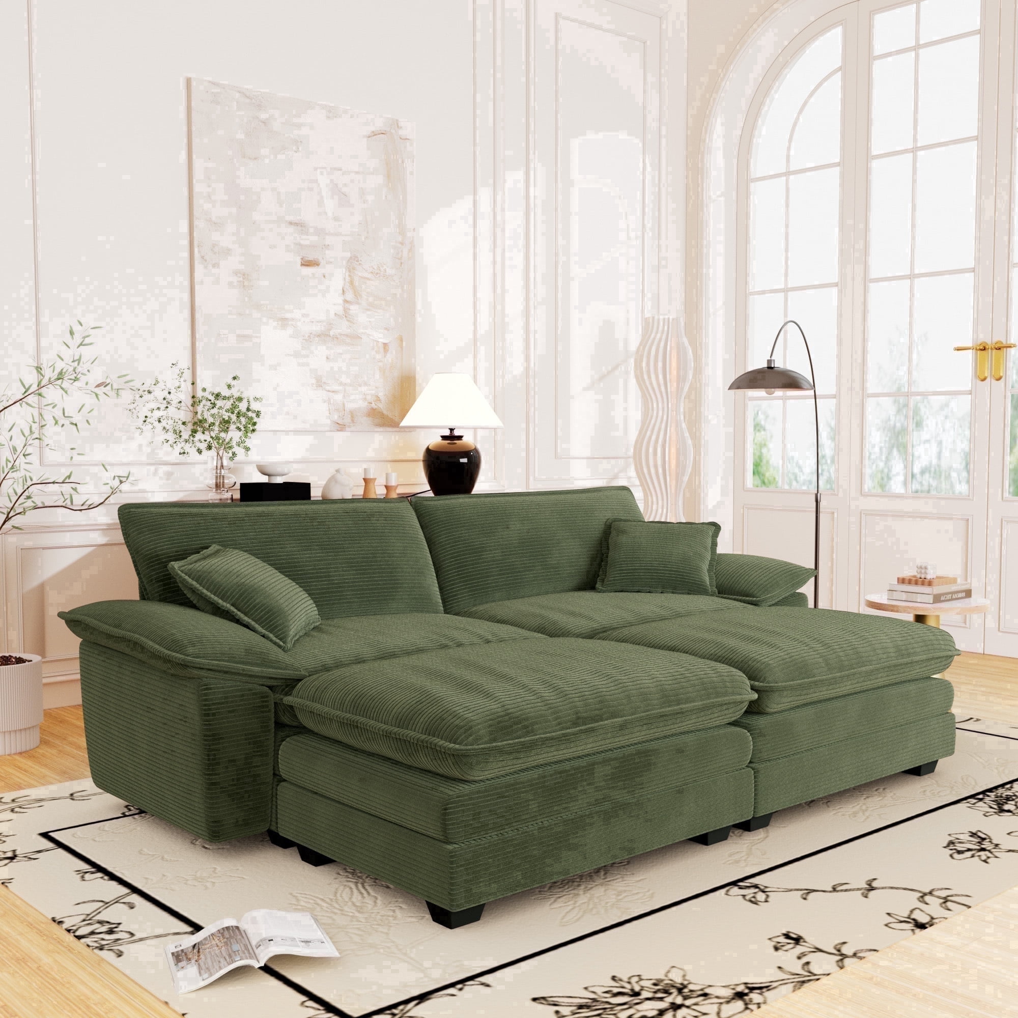 Muumblus Comfy Modular Sectional Sofa with 2 Ottoman, Deep Seat 80.5" Modern Oversized Corduroy Cloud Couch, Fluffy Deep Seat Chaise Lounge Sleeper Sofa for Living Room Apartment, Green