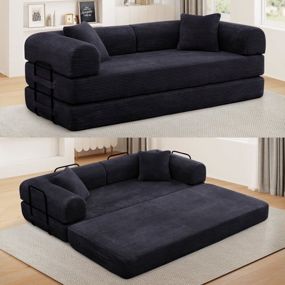 Muumblus 78" Corduroy Loveseat Cloud Sofa , Queen Size Convertible Slpper Couch Bed for Living Room, Black